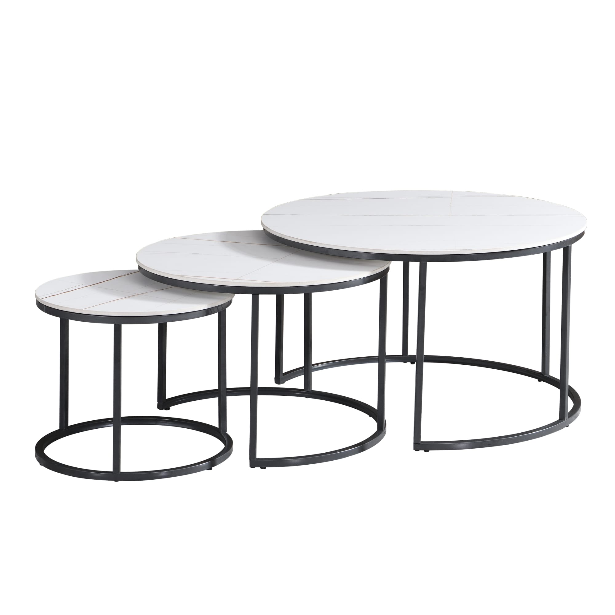 Set 3 masute de cafea Sandra rotunde, 50x80/ 45x60/ 40x45, marmura alba/negru