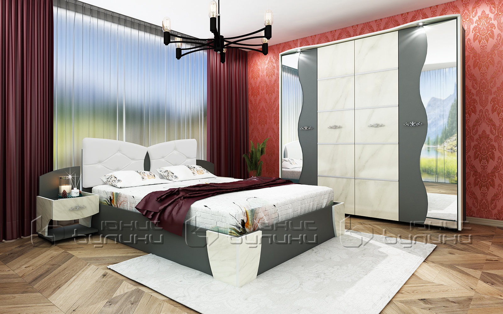 Set dormitor Amor cu LED, stejar craft alb/ negru - imagine 2