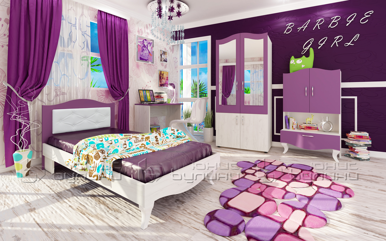 set-dormitor-copii-barbie-mov