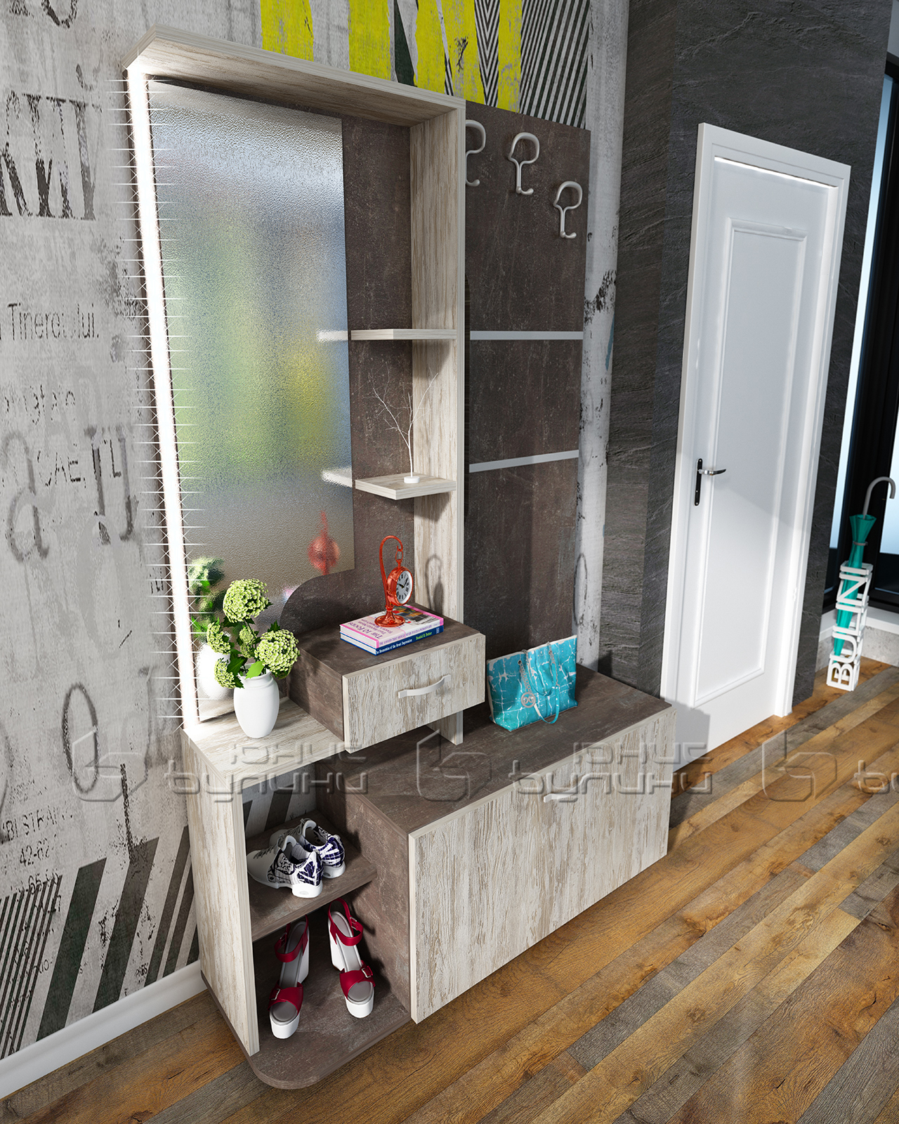 Cuier Bella, 115x39x191, beton inchis/ stejar navarra - imagine 2