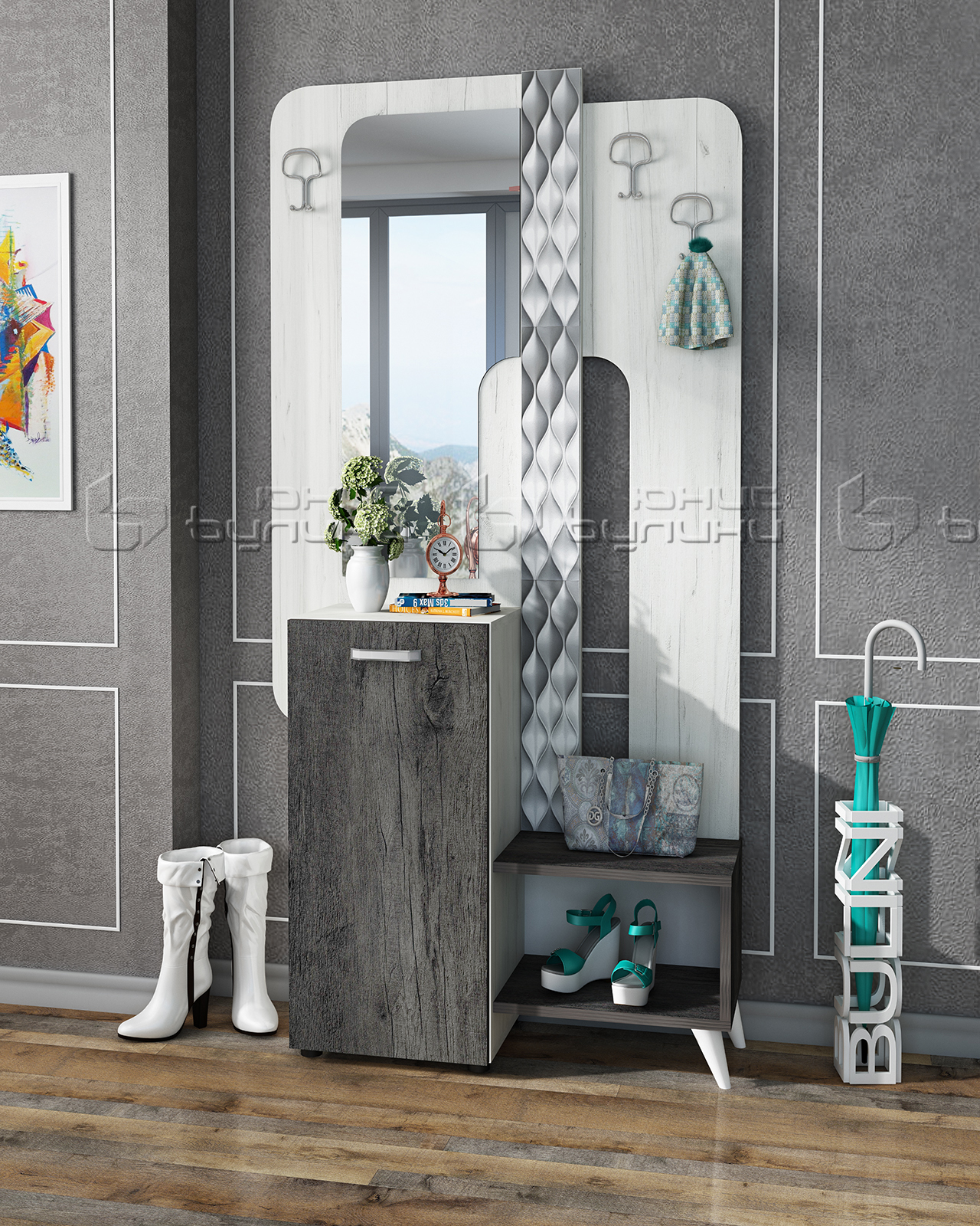 Cuier Bono, 100x34x197 cm, stejar craft alb/ stejar antracit