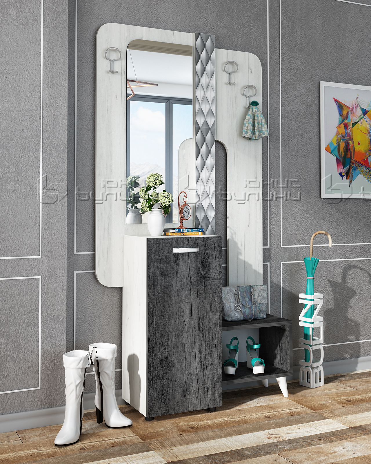Cuier Bono, 100x34x197 cm, stejar craft alb/ stejar antracit - imagine 2