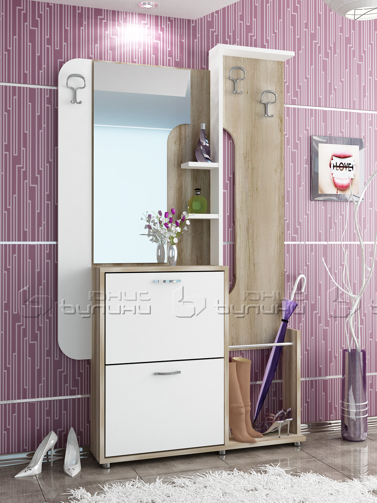 Cuier cu pantofar Mocca, 115x20x190, stejar nisip/ alb