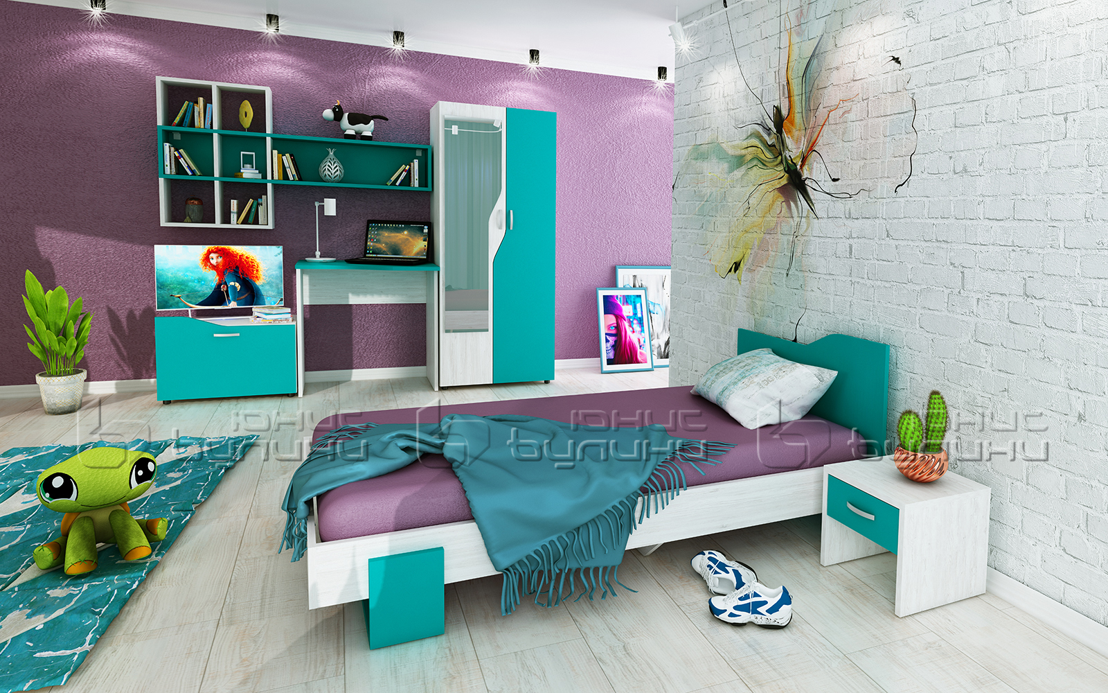 Set dormitor copii Queen, stejar craft alb/ turcoaz - imagine 2