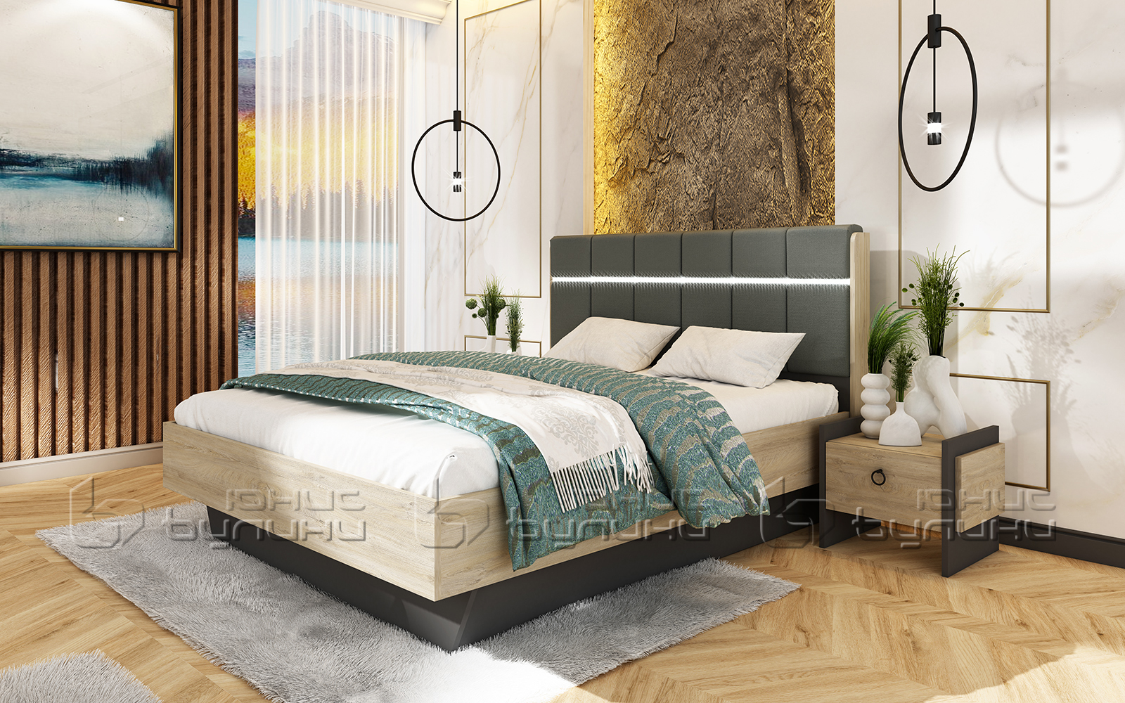 Pat tapitat Confort, 2 noptiere, 160x200, grafit/ stejar/ casmir