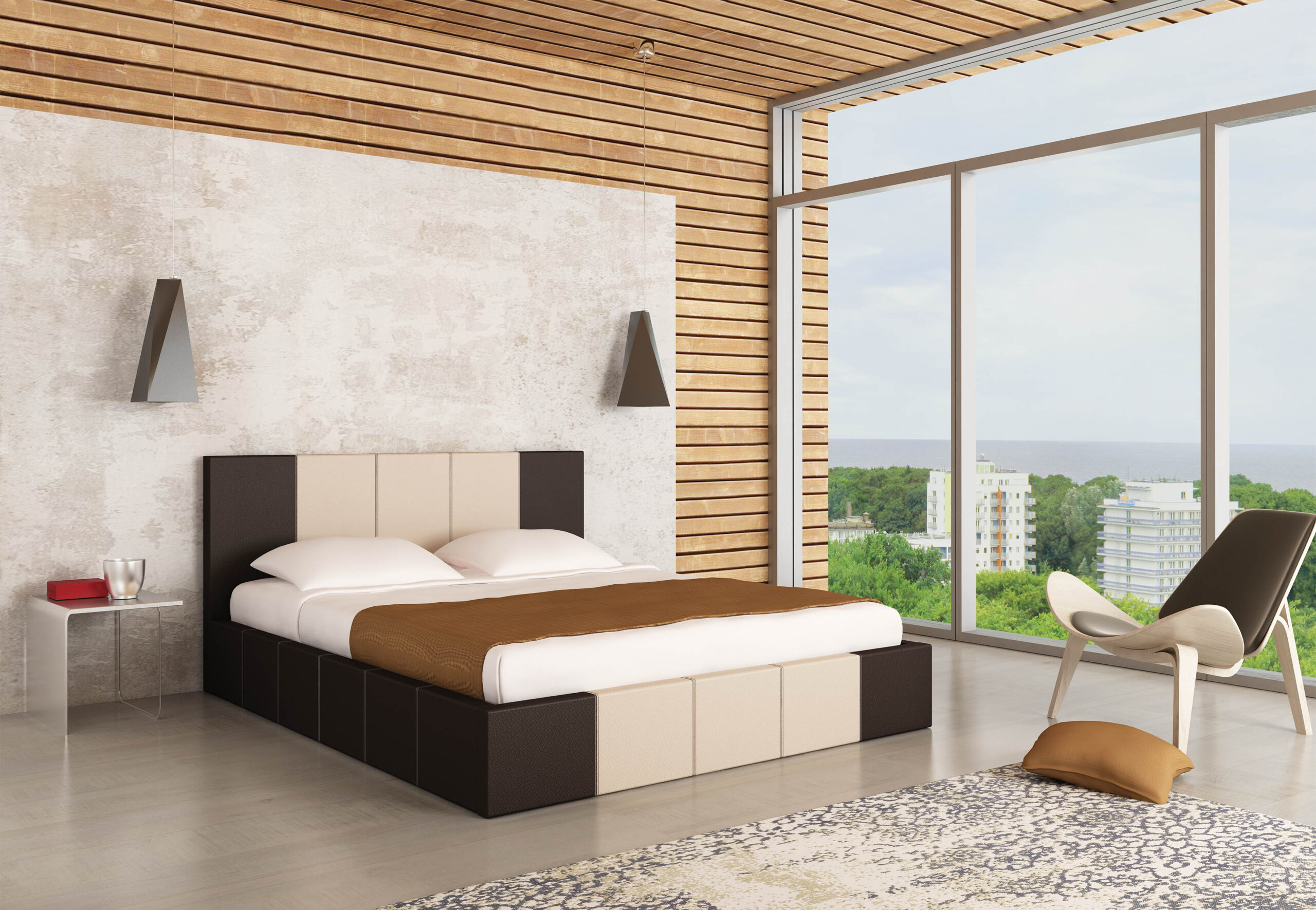 Pat tapitat Casa Blanca, 160x200, stejar inchis mat/ crem mat