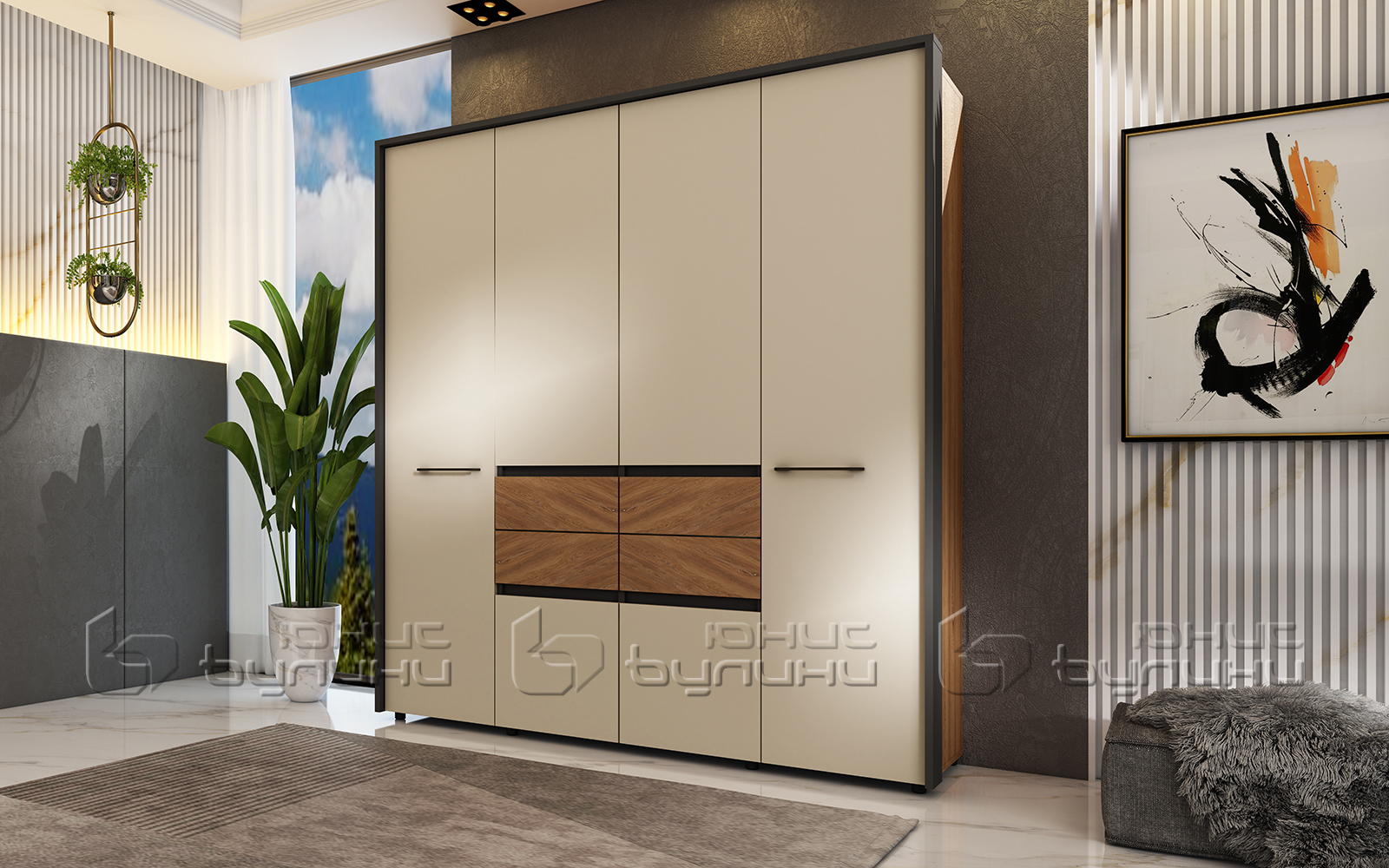 Dulap Dubai, 180x55x210, 6 usi si 4 sertare, grafit/ casmir/ denver