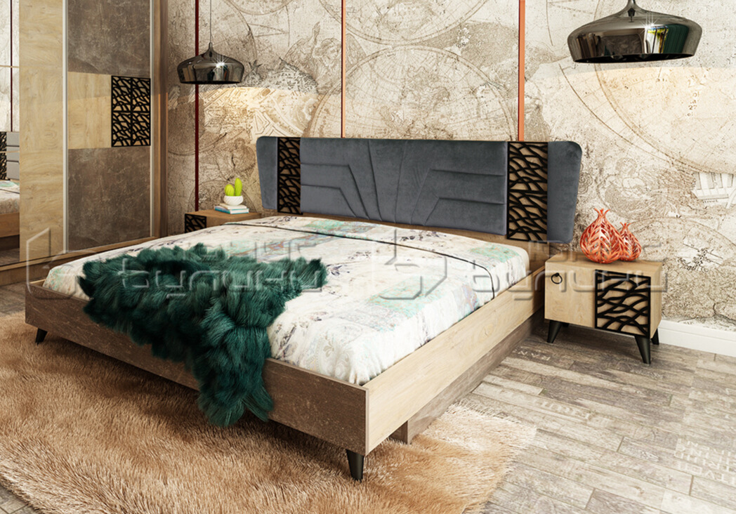 Pat tapitat Ego, 160x200, stejar/ beton inchis