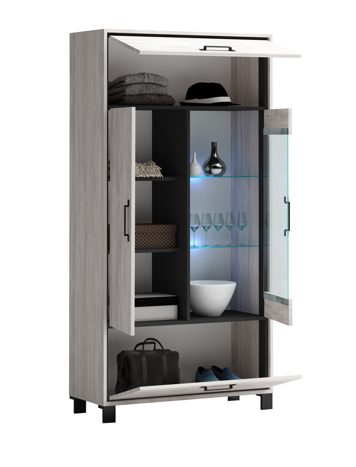 Vitrina Evelin M8 cu LED, 90x38x180, stejar blanco/ antracit - imagine 2