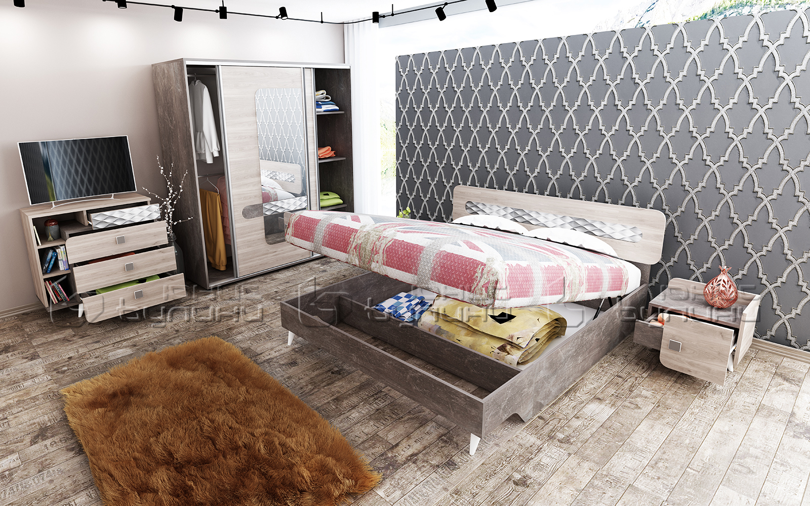 Set pat dublu cu 2 noptiere Forest, 160x200, pin allen/ beton inchis - imagine 2