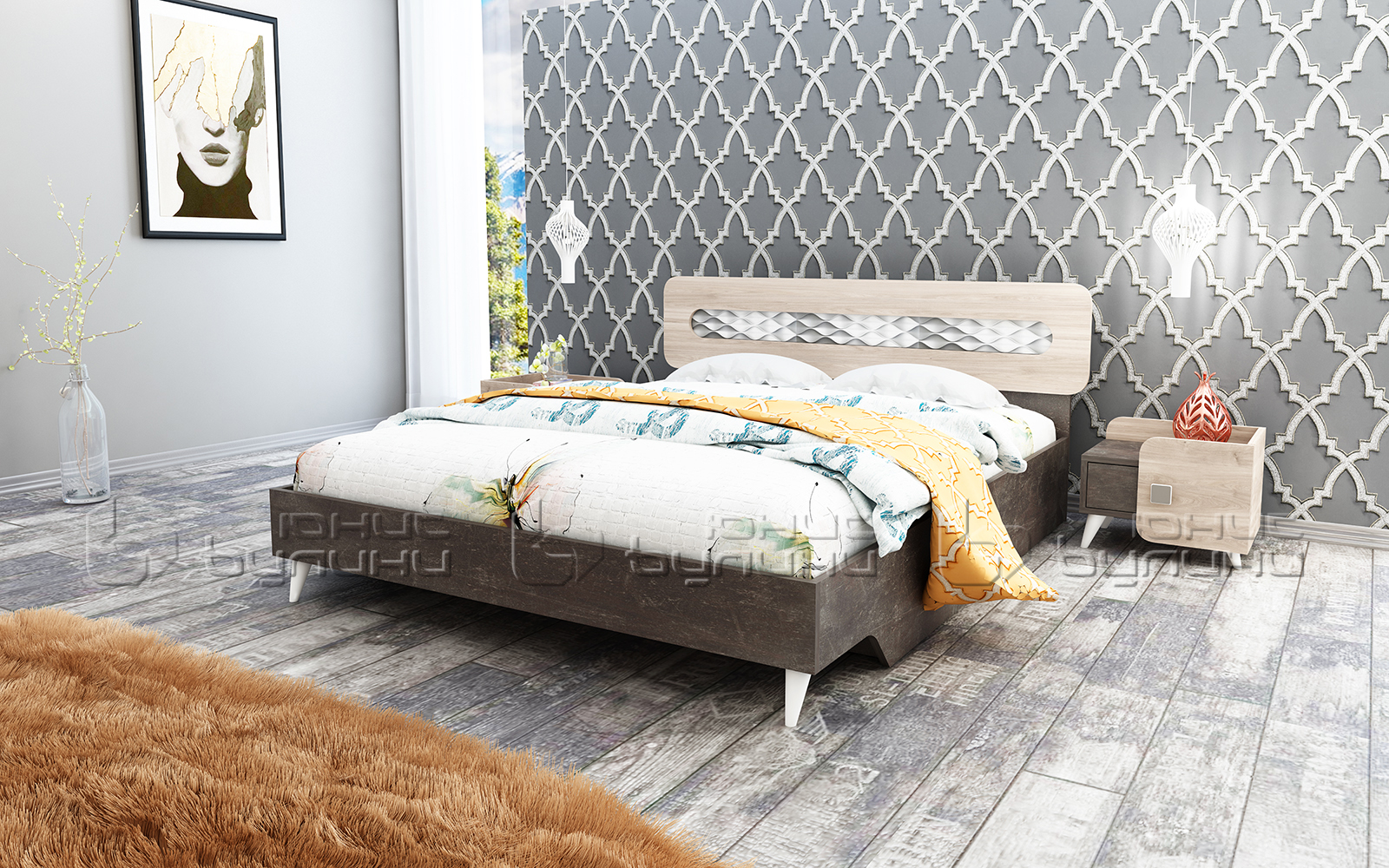 Set pat dublu cu 2 noptiere Forest, 160x200, pin allen/ beton inchis