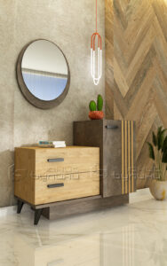 Comoda Fusion cu oglinda, beton intunecat/stejar auriu