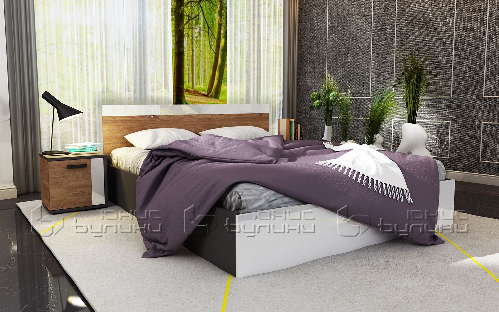 Set pat dublu cu 2 noptiere Matera, 160x200, grafit/ denver/ alb lucios