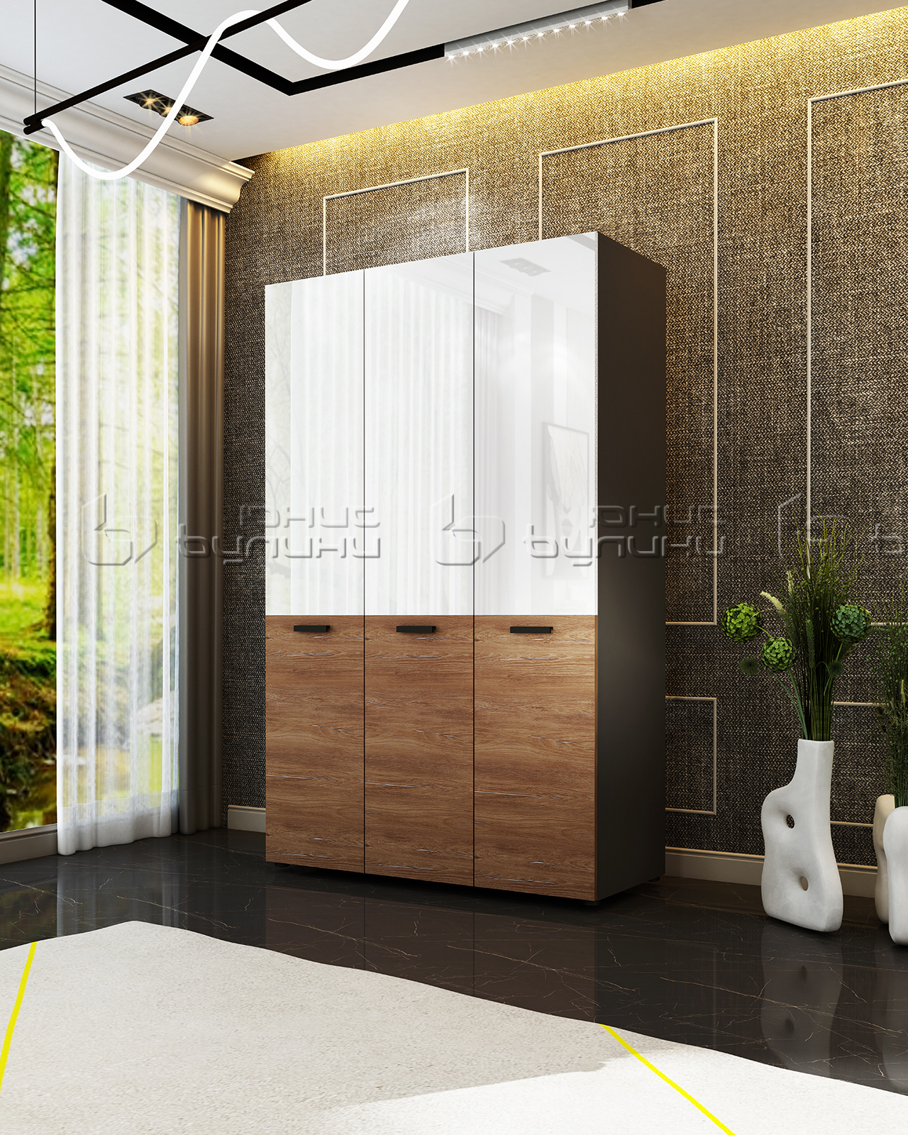 Dulap Matera, 120x52x200, 3 usi, grafit/ denver/ alb lucios