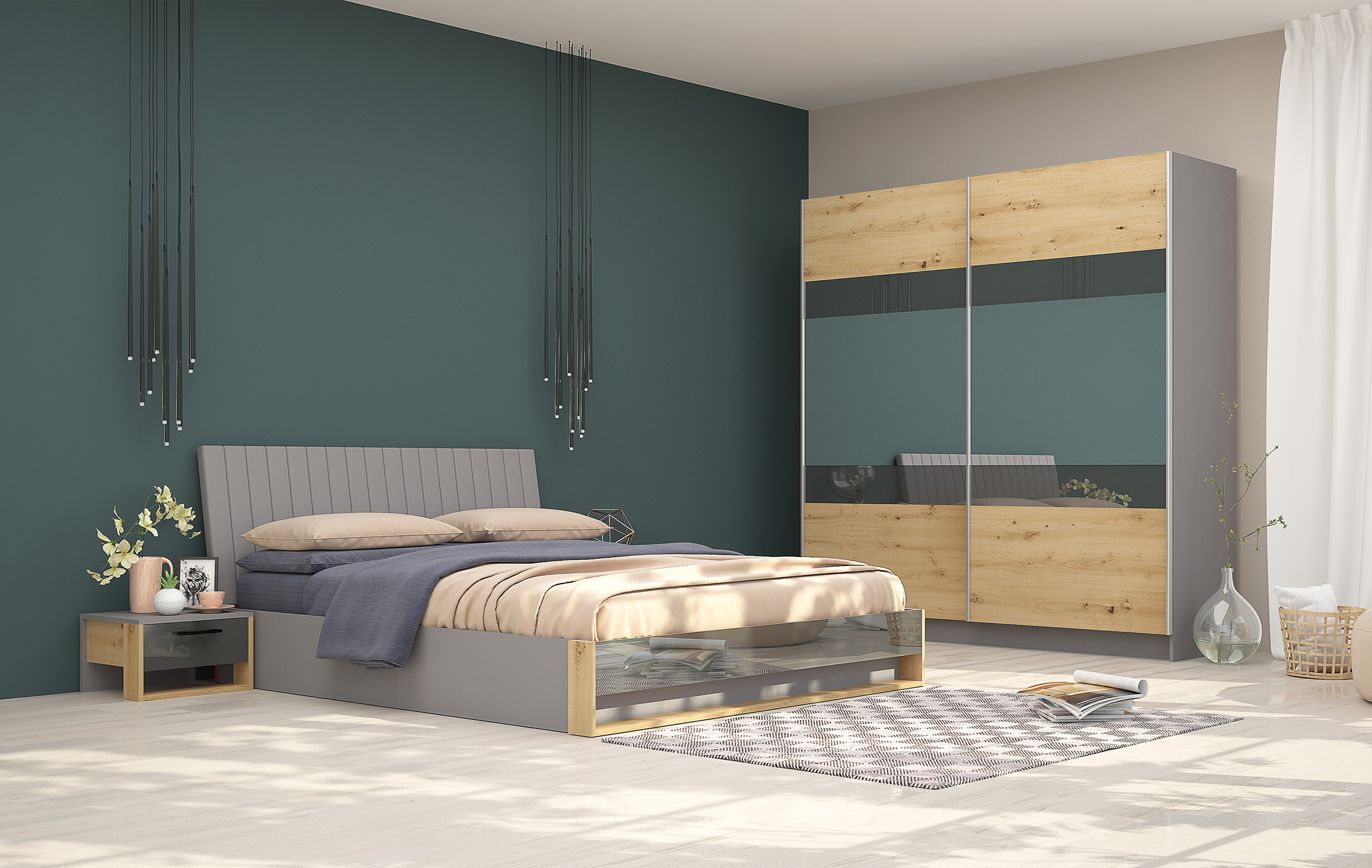 Set dormitor Monza, gri/ artisan/ antracit lucios