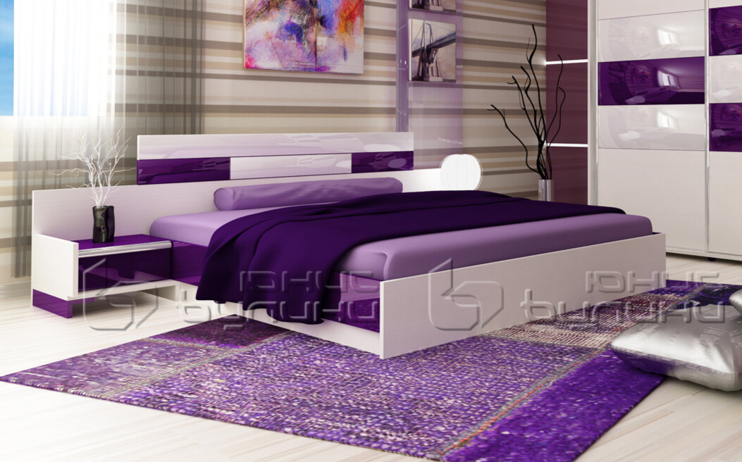 Set pat dublu cu 2 noptiere Palermo, 164x190, alb sagren/ alb lucios/ violet inchis