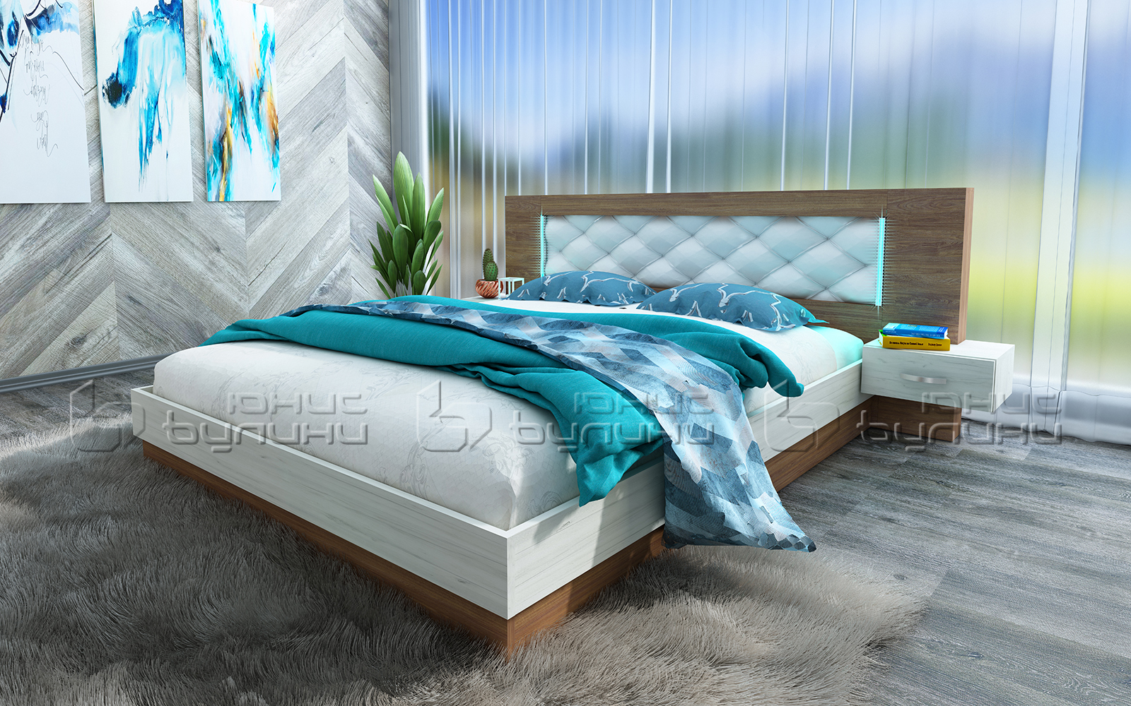 Pat tapitat Regal, 2 noptiere, 160x200, lemn de tec / stejar craft alb