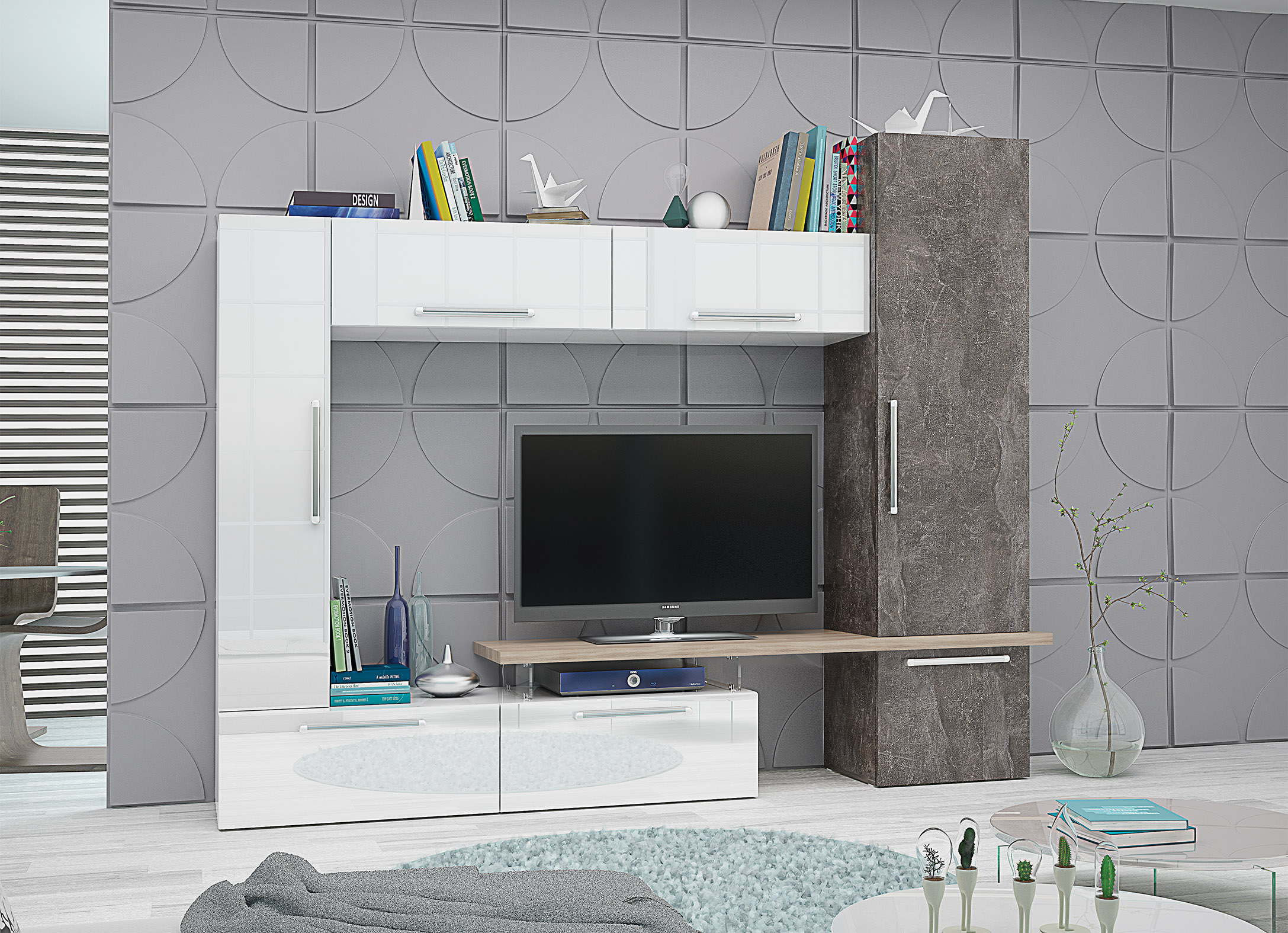Living Roma, 245x44x193, alb lucios/stejar sonoma/ dark atelier