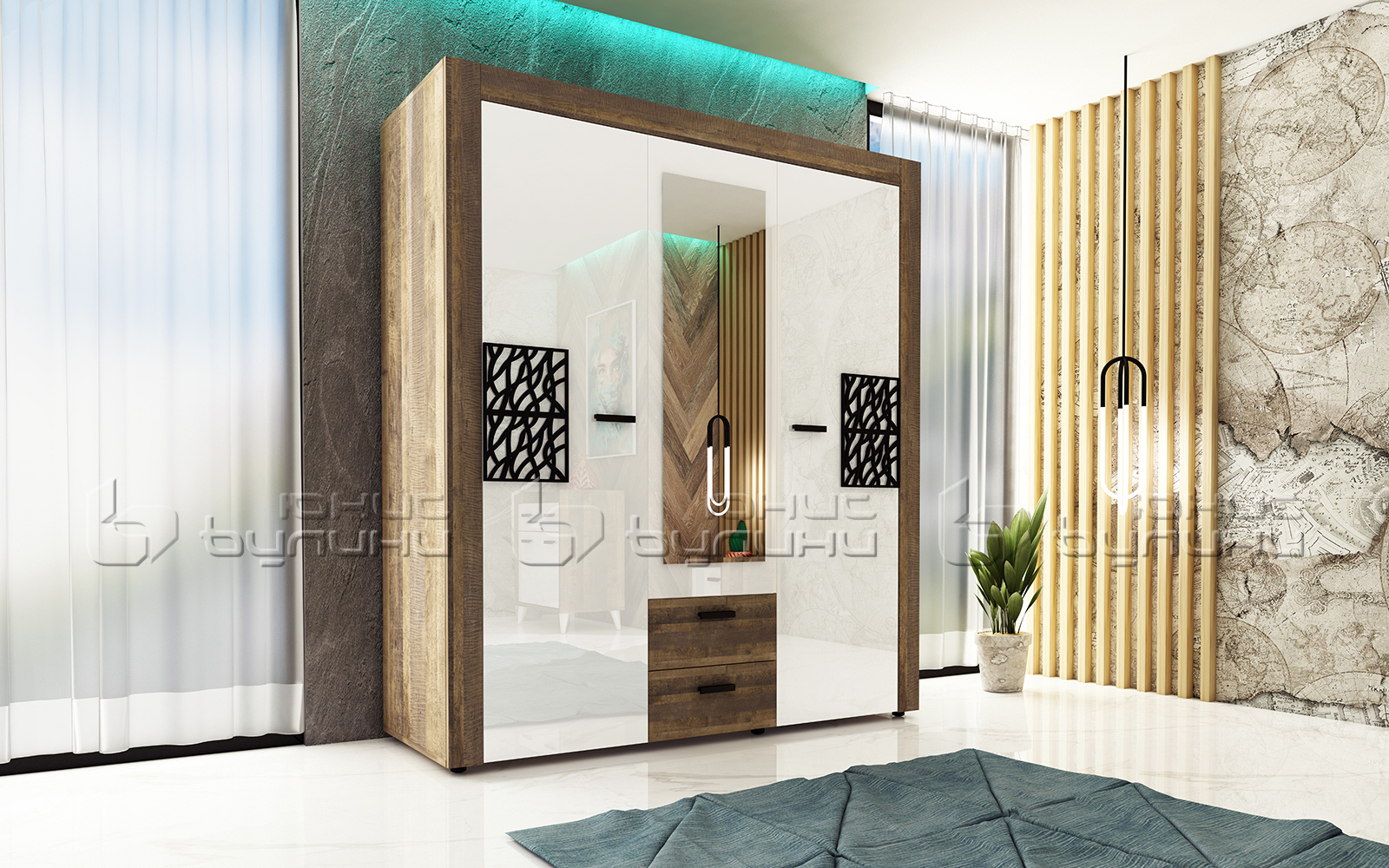 Dulap Sahara, 160x52x200, 3 usi si 2 sertare, stejar moka / alb lucios, ornamente PVC