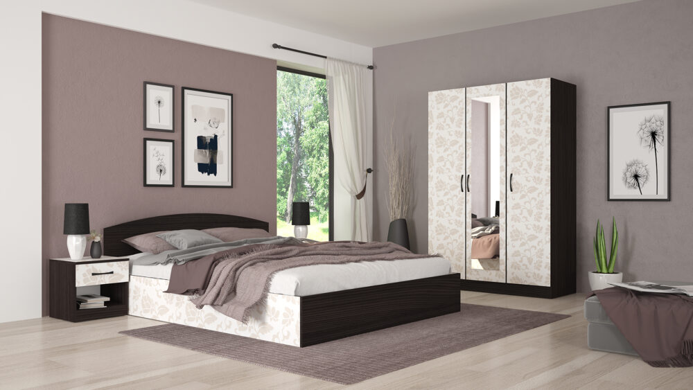 set-dormitor-flora-stejar-inchis-motive-florale-lucios