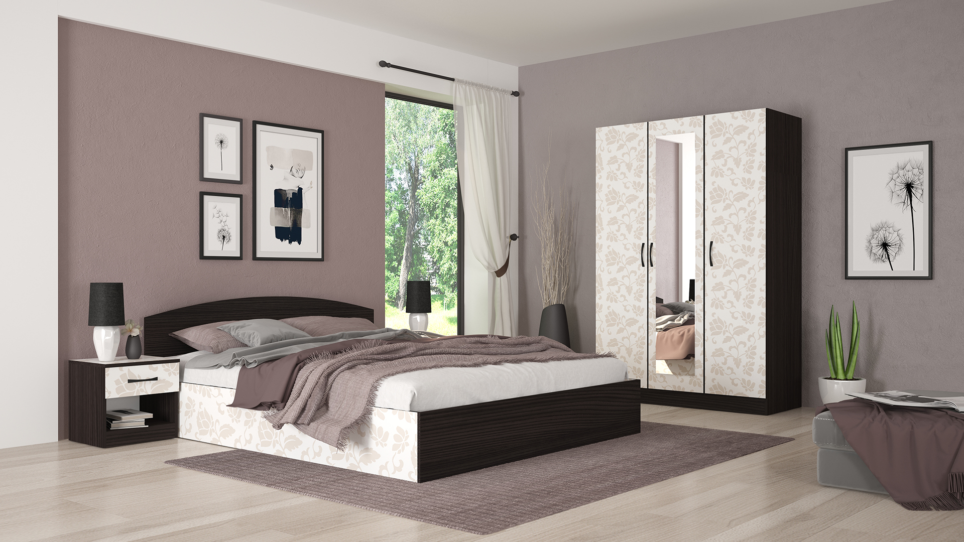 set-dormitor-flora-stejar-inchis-motive-florale-lucios