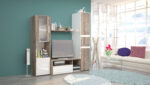 Living Sara, 185x42x180, stejar colonial/ alb lucios/ lacobel alb