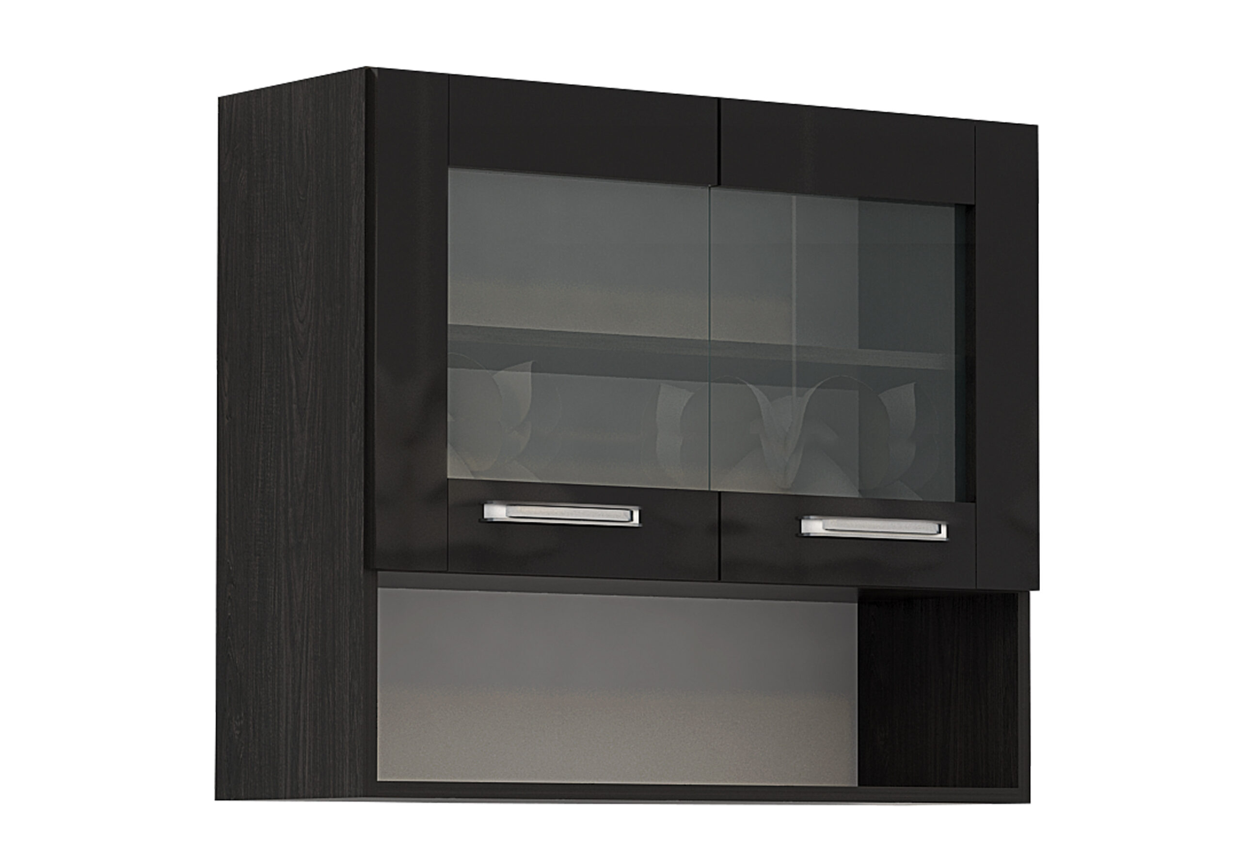 Corp superior vitrina si nisa Elinor G58, 80x70, negru lucios/stejar carbon