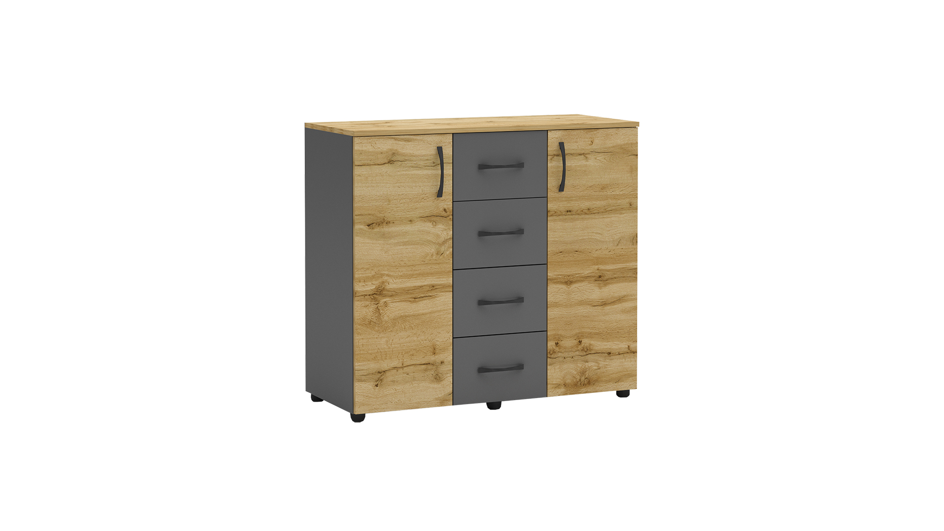 Comoda Apolo 4, 2 usi si 4 sertare, 100x43x91, stejar wotan/ antracit