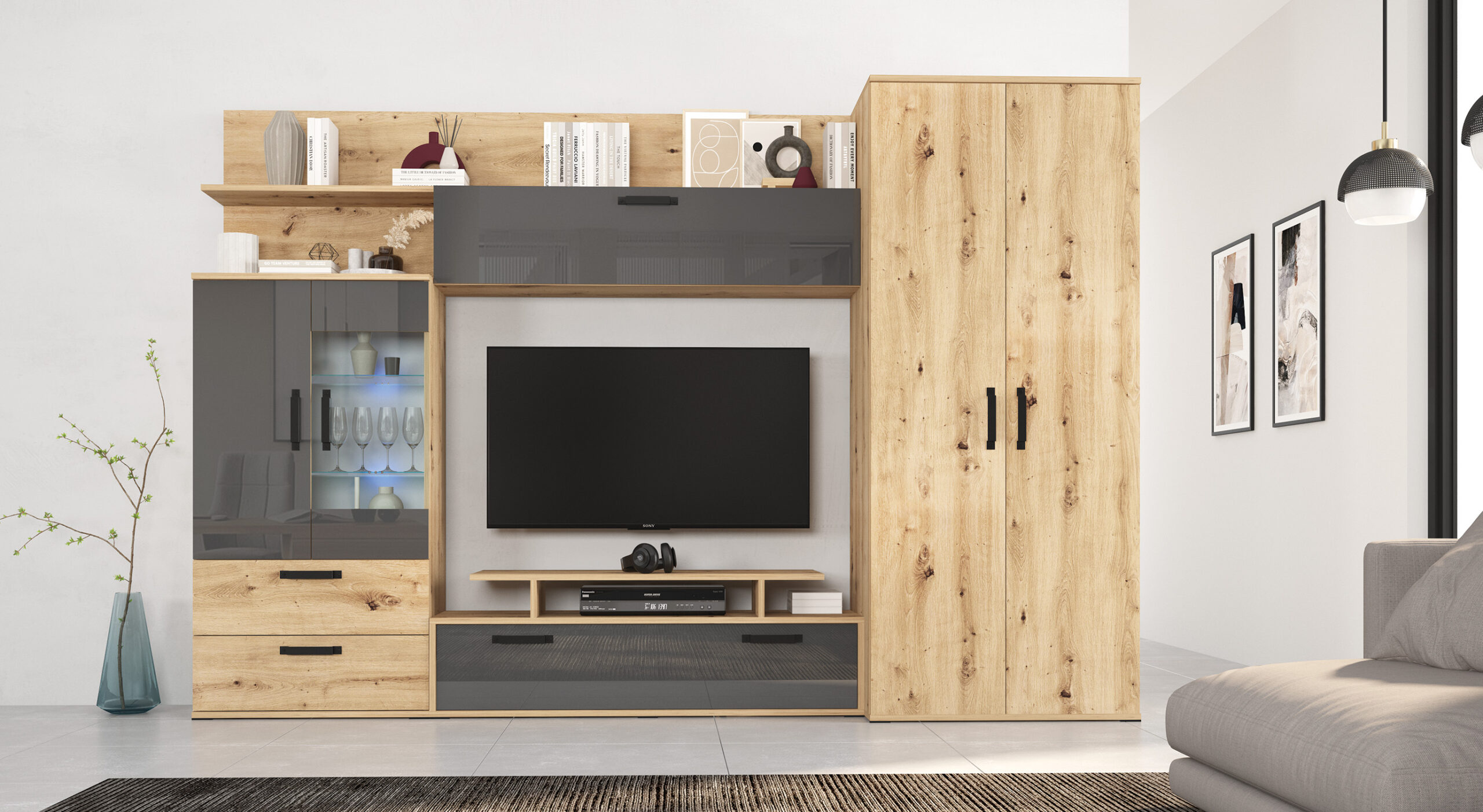 Living Aurora, 280x190, stejar / MDF antracit lucios