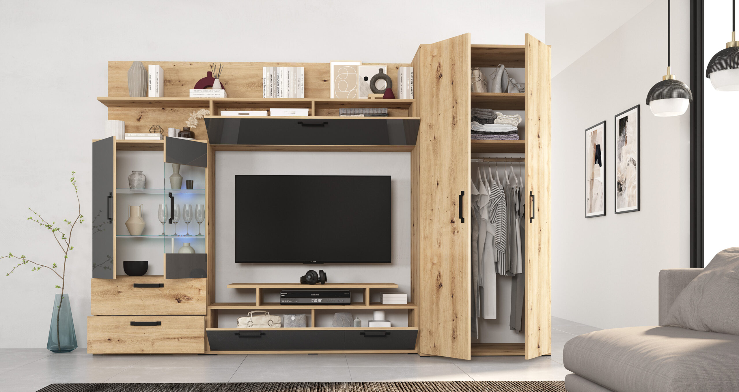Living Aurora, 280x190, stejar / MDF antracit lucios - imagine 2