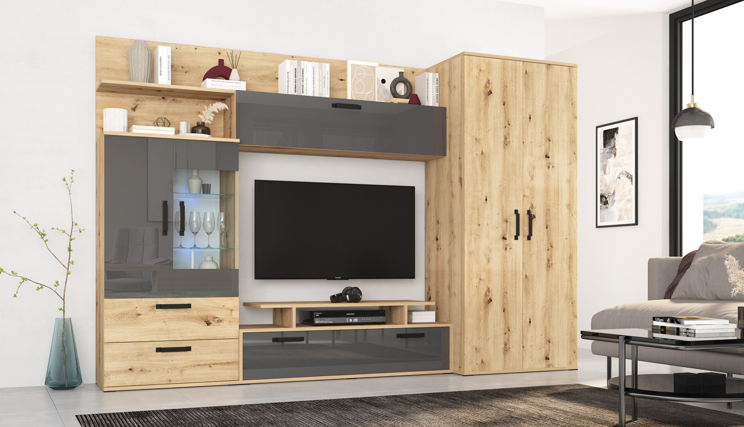 Living Aurora, 280x190, stejar / MDF antracit lucios - imagine 3