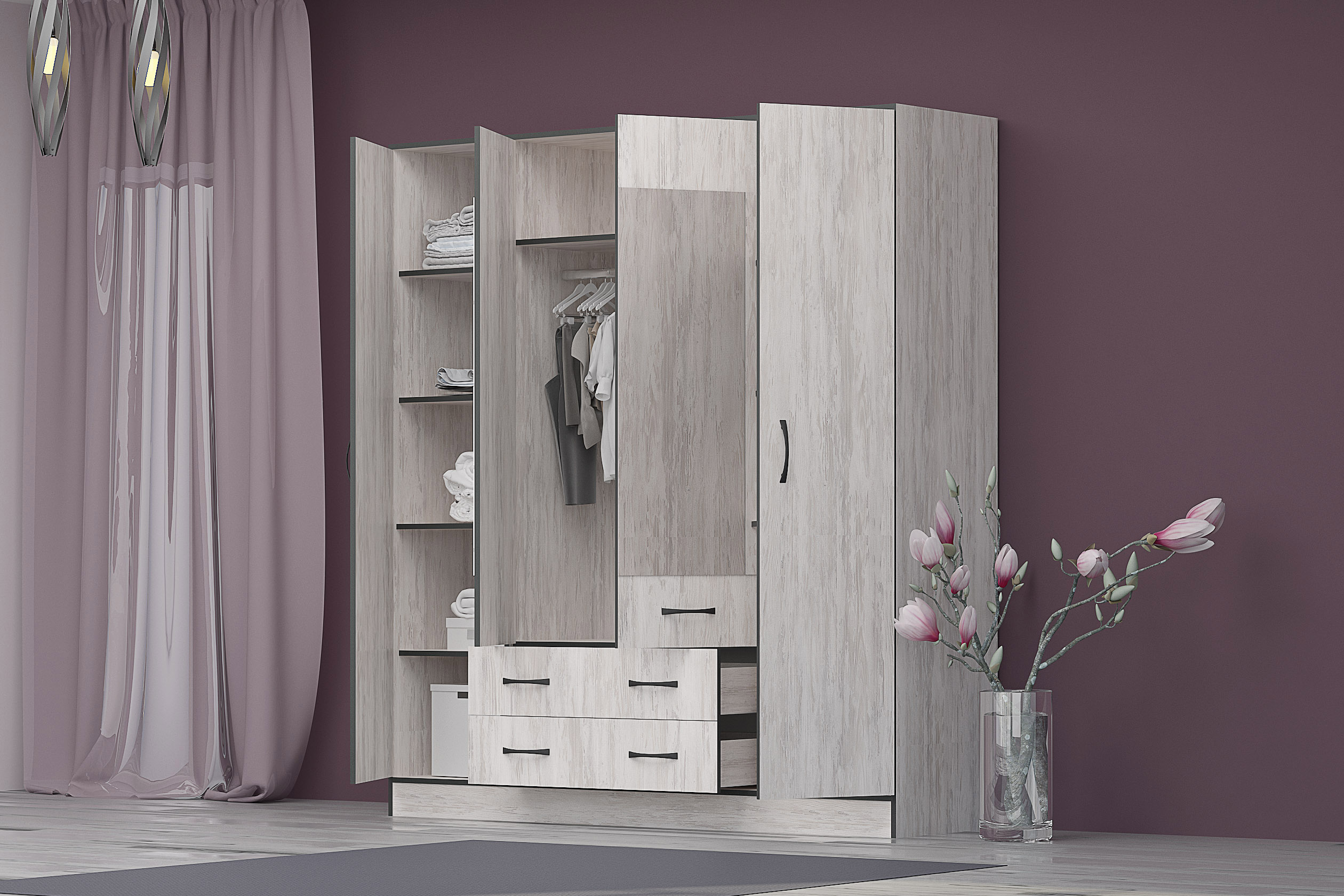 Dulap Light, 180x52x210, 4 usi si 2 sertare, stejar blanco - imagine 2