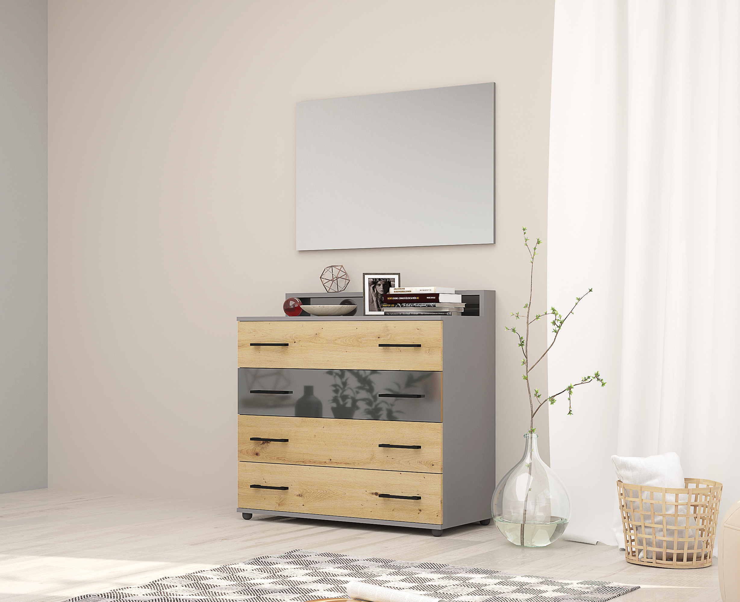 Comoda Monza, 90x45x80, gri/ artizan/ antracit lucios