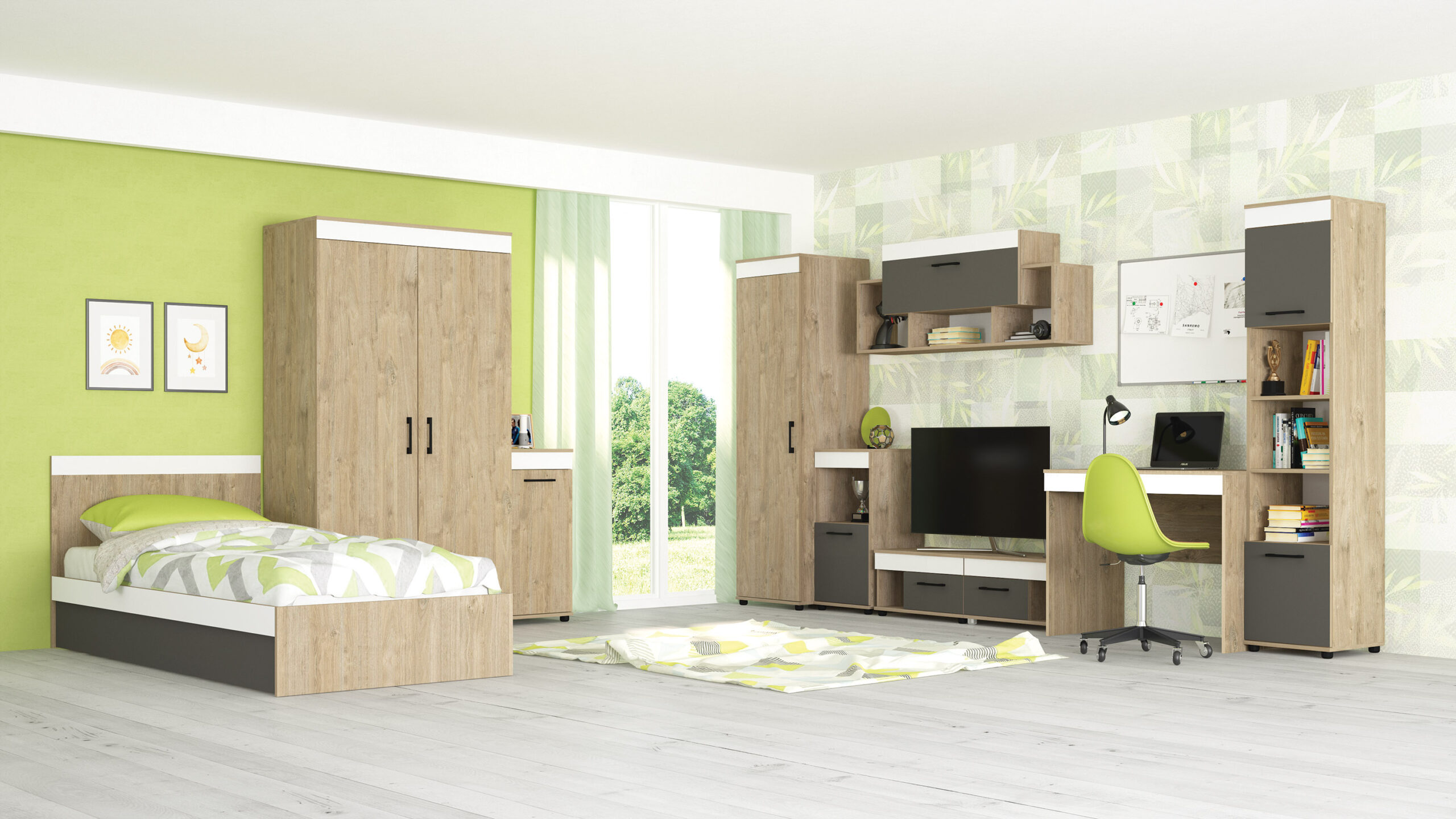 Set dormitor copii modular Kris, sonoma harbor/ alb/ grafit, conf3