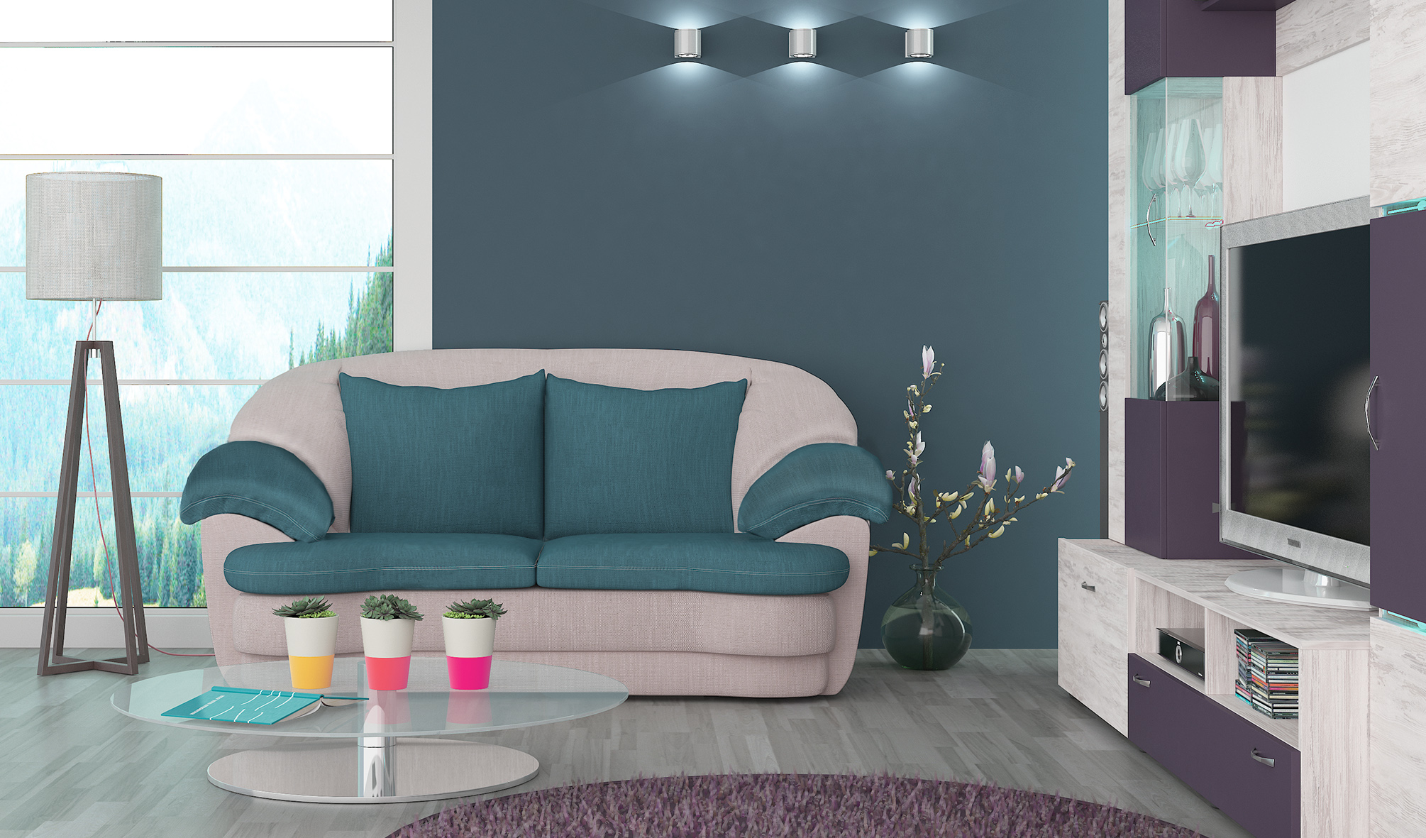 Canapea extensibila Monaco cu 2 locuri, 180x100x90, crem twist/ petrol twist
