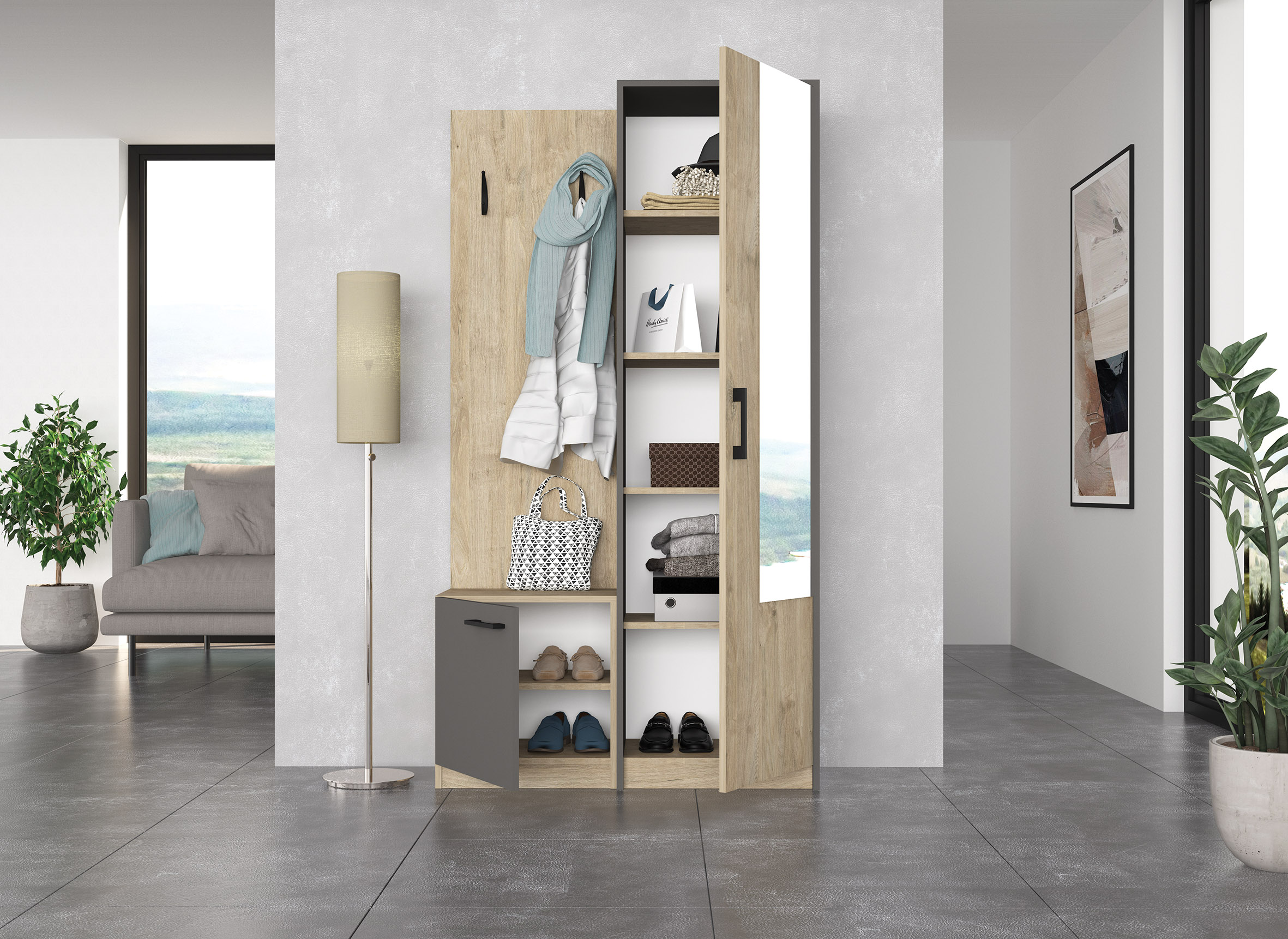 Cuier cu pantofar Poli, 95x36x175, stejar sonoma/ stejar carbon - imagine 3