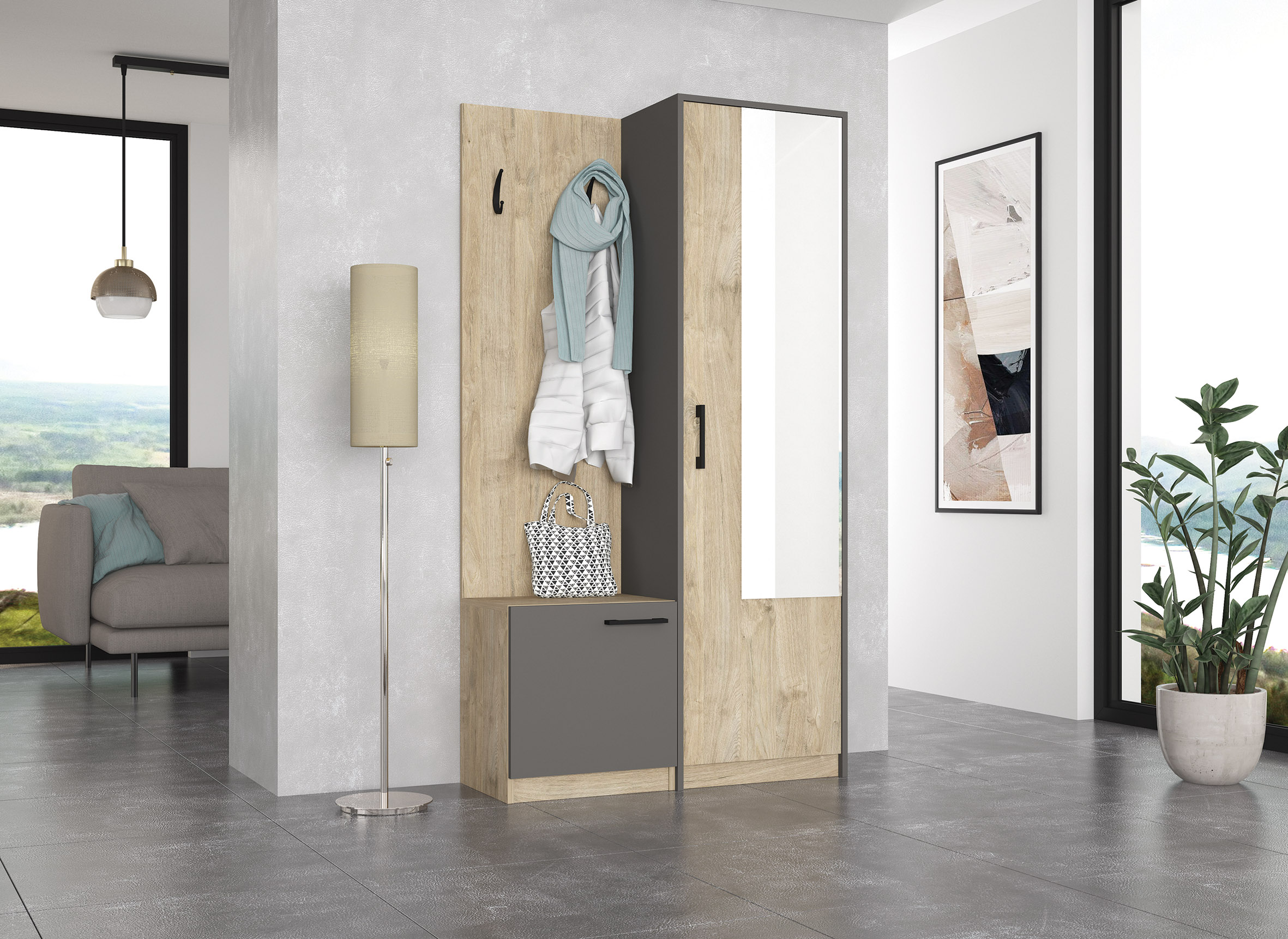 Cuier cu pantofar Poli, 95x36x175, stejar sonoma/ stejar carbon - imagine 2