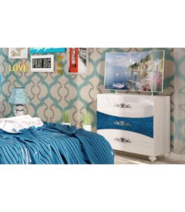 Comoda Majestic, stejar craft alb/ alb lucios/ bleumarin